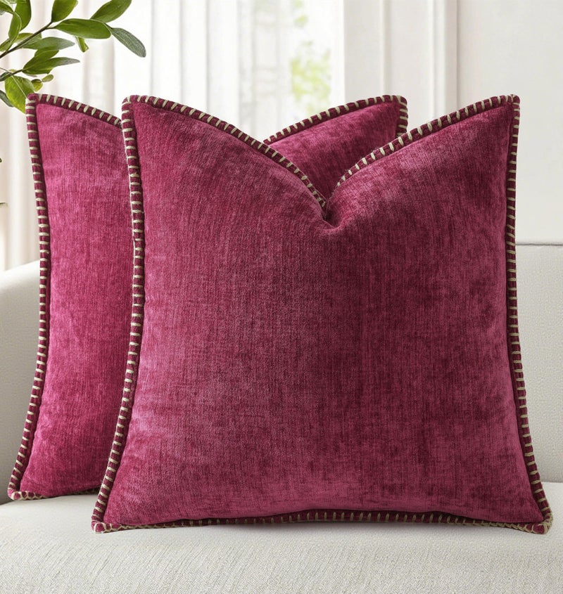 decorUhome Christmas Chenille Soft Throw Pillow Covers 22x22 Set of 2  Farmhouse Velvet Neutral Decorative Euro Pillow Covers with Stitched Edge for Couch Sofa Bed Home Decor  Rhododendron - Image 1